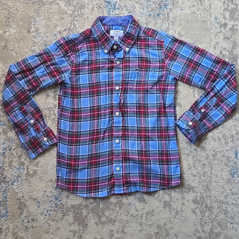 Crown & Ivy Boys Size 7 Plaid Long Sleeve Button Down Shirt 100% Cotton
